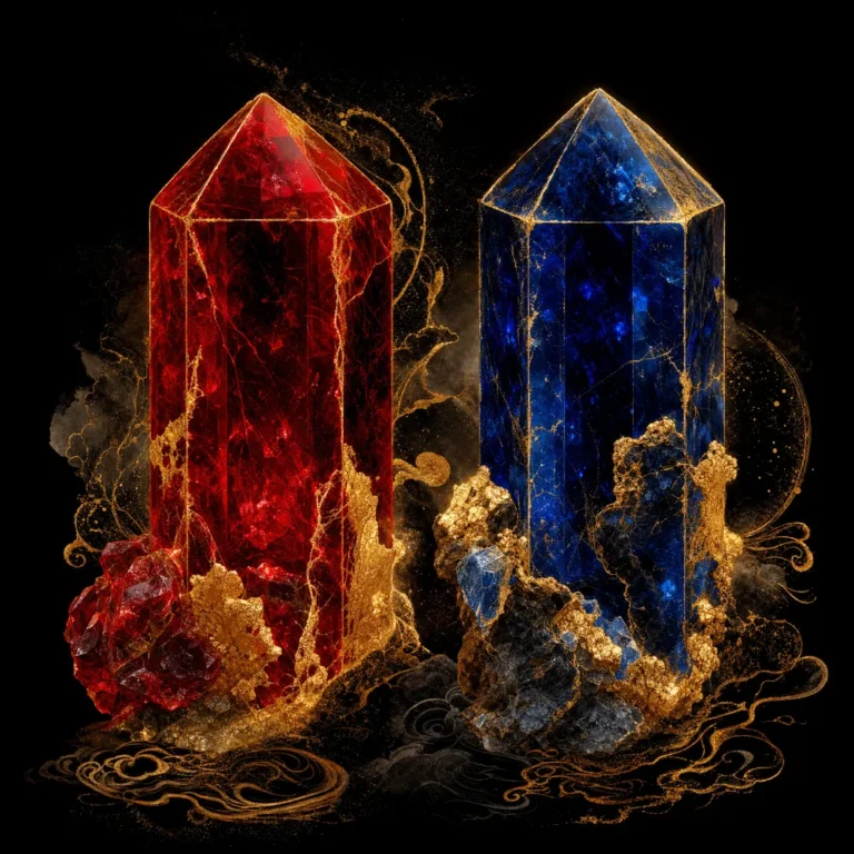 Ruby and sapphire corundum crystals on a dark ground