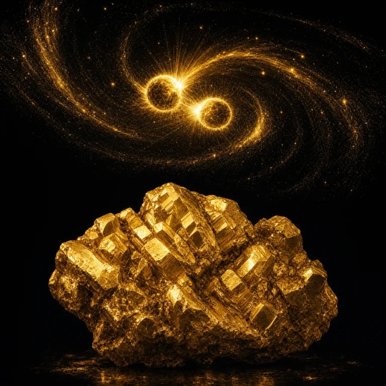 Native gold nugget beneath a spiral of stars