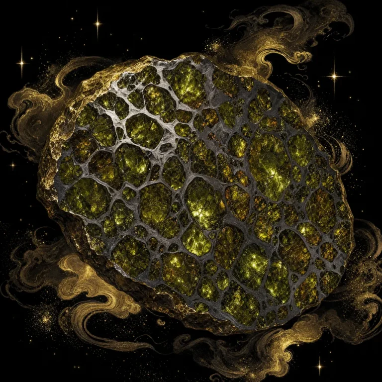 Peridot crystals in a pallasite meteorite slice